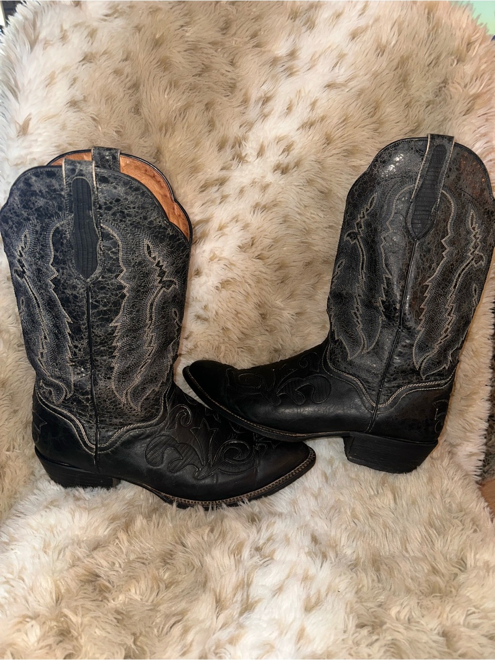 J.B. Dillon Handcrafted Factory Distressed Black Goatskin Cowboy Boots.